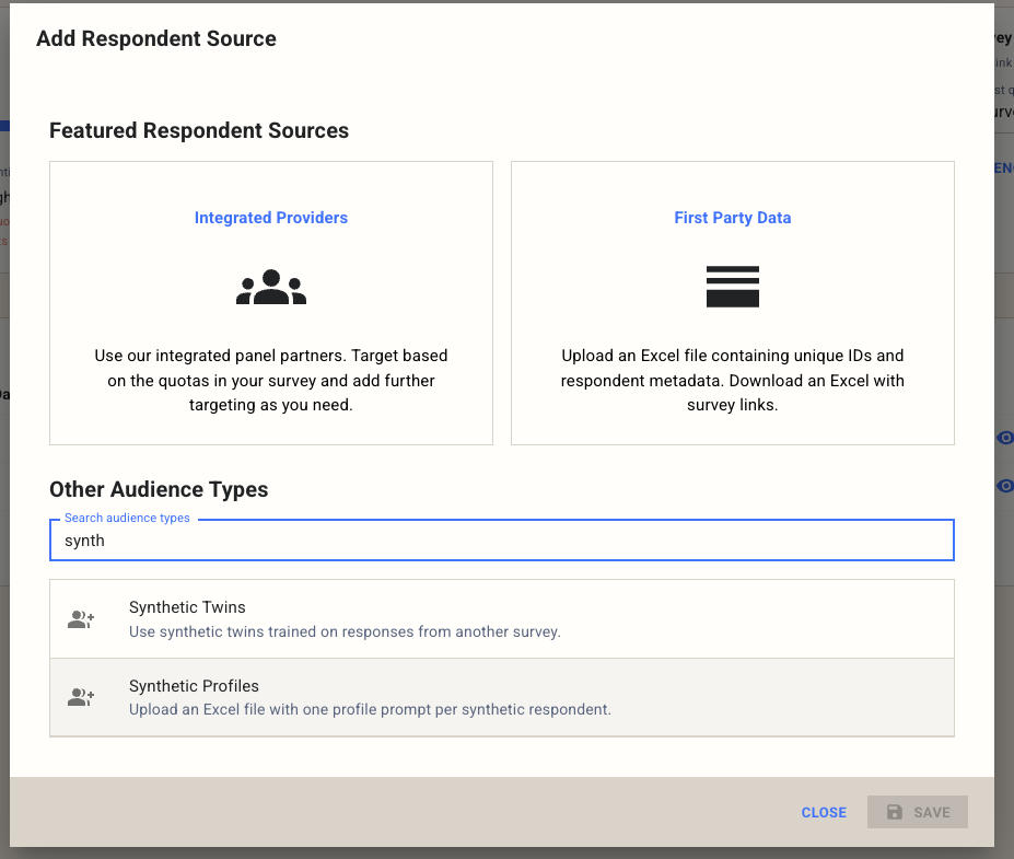 Add respondent source wizard showing Synthetic Twins and Synthetic Profiles