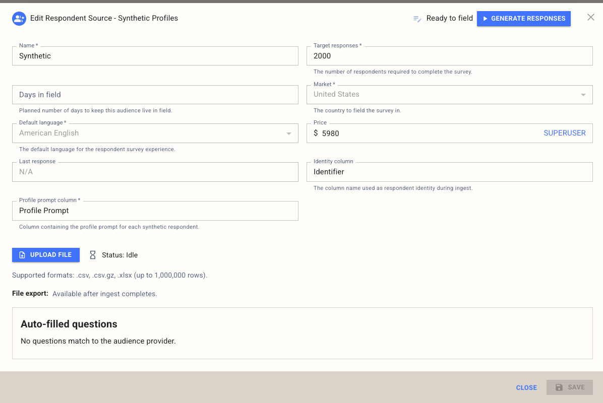 Synthetic Profiles configuration form with identity and profile prompt columns