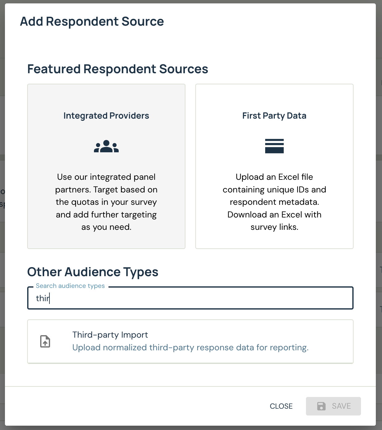 Add respondent source wizard with Third-party Import selected