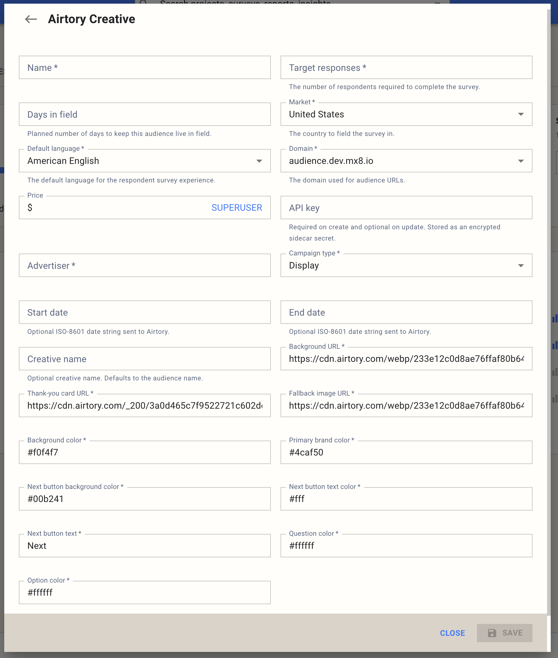 Airtory respondent source setup form showing the standard fields alongside the Airtory creative section, with API key, advertiser, campaign type, start and end dates, creative name, background URL, thank you card URL, fallback image URL, and the full set of branding color and button fields