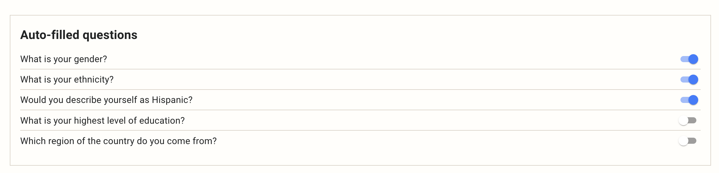 Auto-filled questions panel listing eligible survey questions — gender, ethnicity, Hispanic origin, education, and region — each with an on or off toggle to control whether the question is asked inside the Airtory ad unit