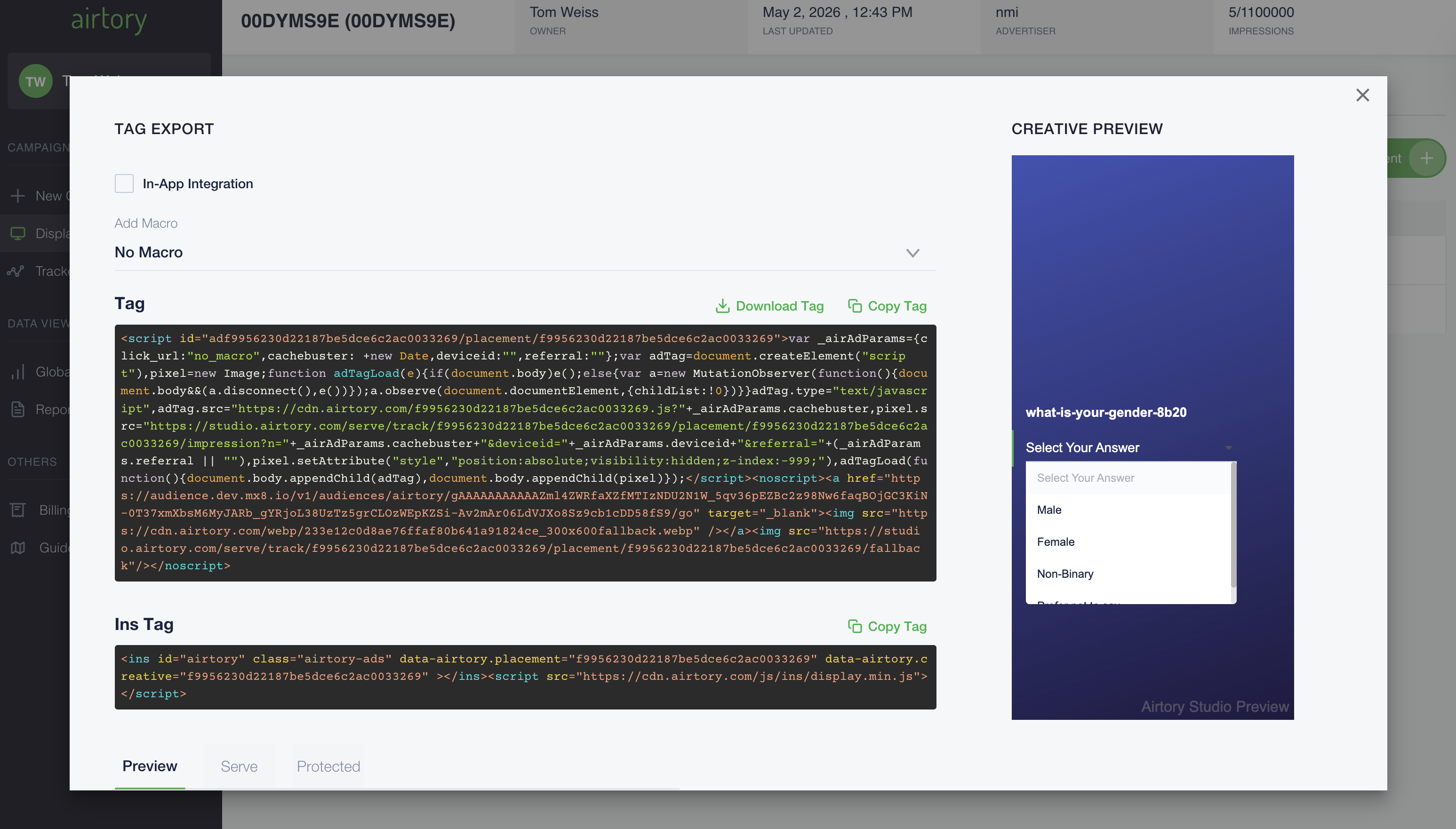 Airtory Studio tag export panel showing the generated script and ins tags ready to copy, alongside a creative preview of the in-ad survey question on the right