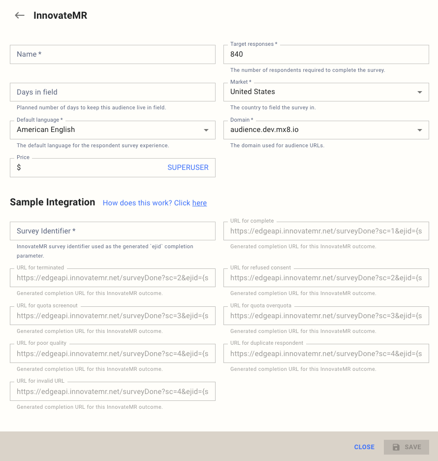 InnovateMR respondent source setup form showing the survey identifier field and the auto-generated completion URLs