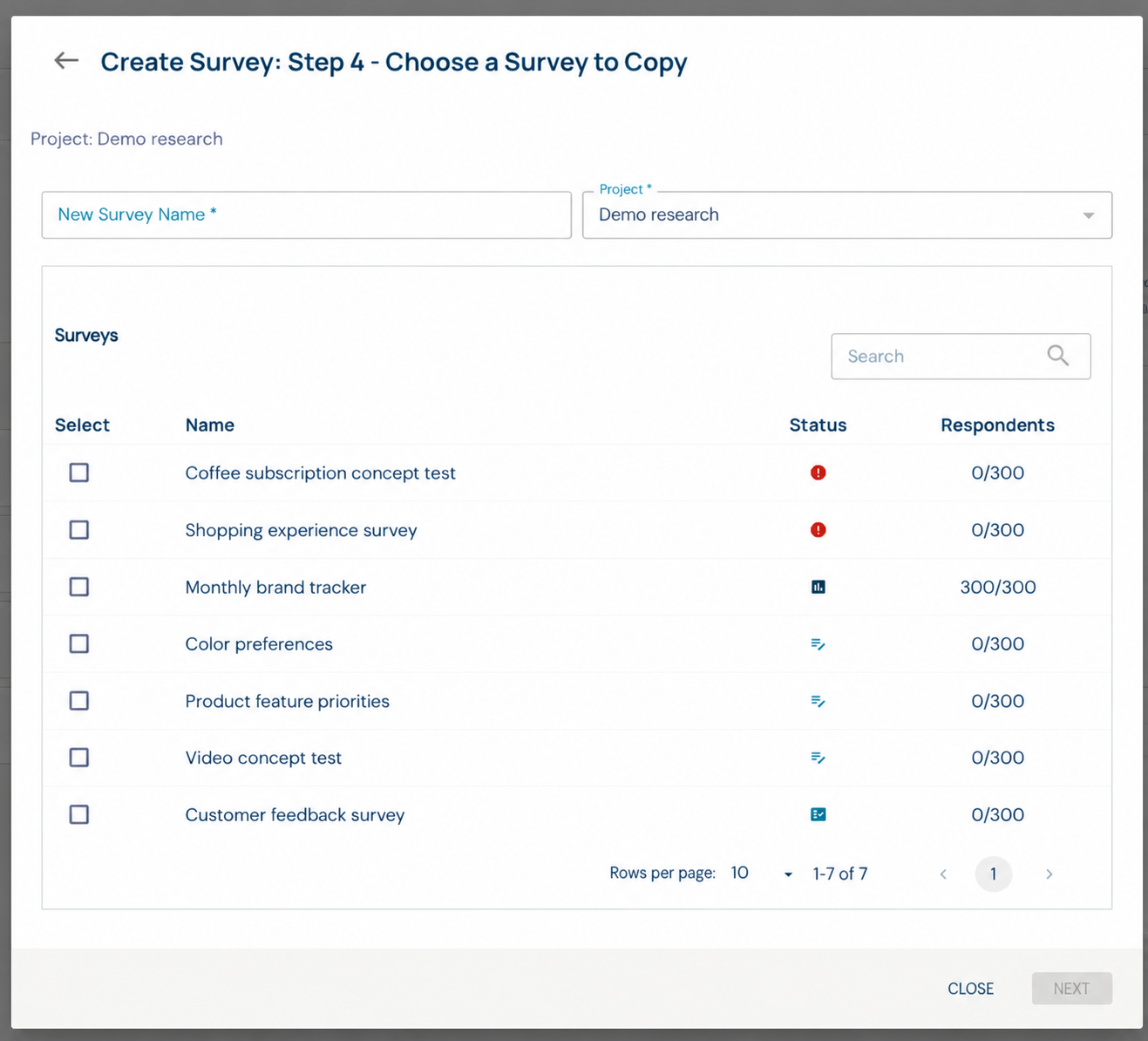 Copy-survey form with the new name, chosen project, searchable survey list, and Next action