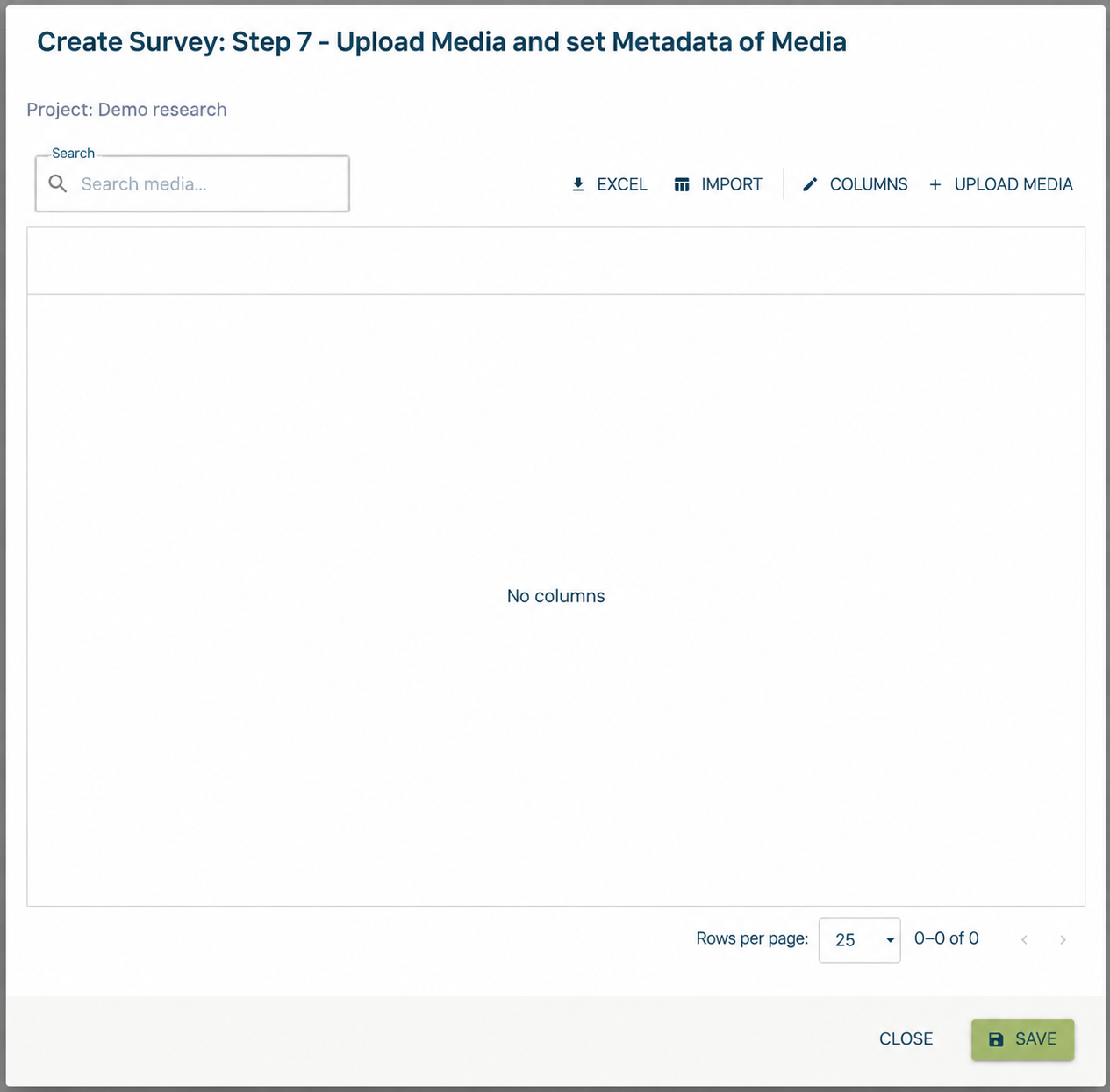 Survey media step with Upload media, Columns, Import, Excel, and Save controls