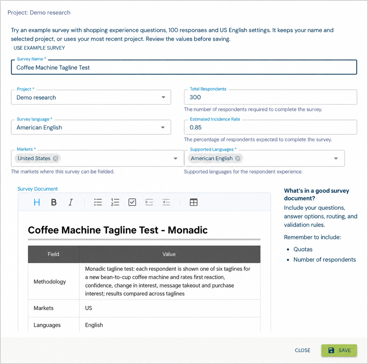 Existing-questionnaire creation form with a pasted coffee-machine study and its formatted methodology table