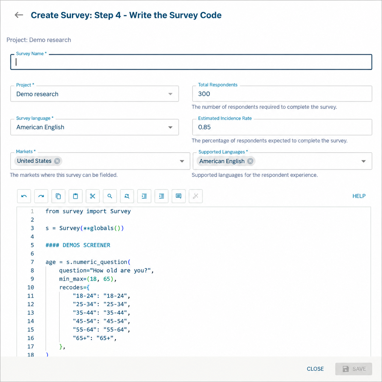 Python creation form showing survey details and the starter survey code editor