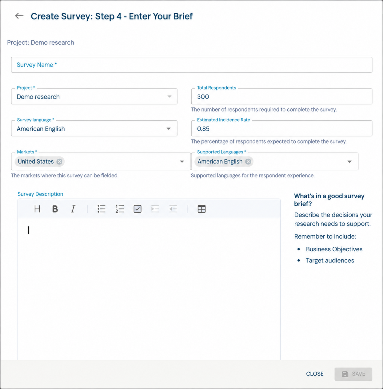 AI brief creation form showing survey details and the Survey Description editor