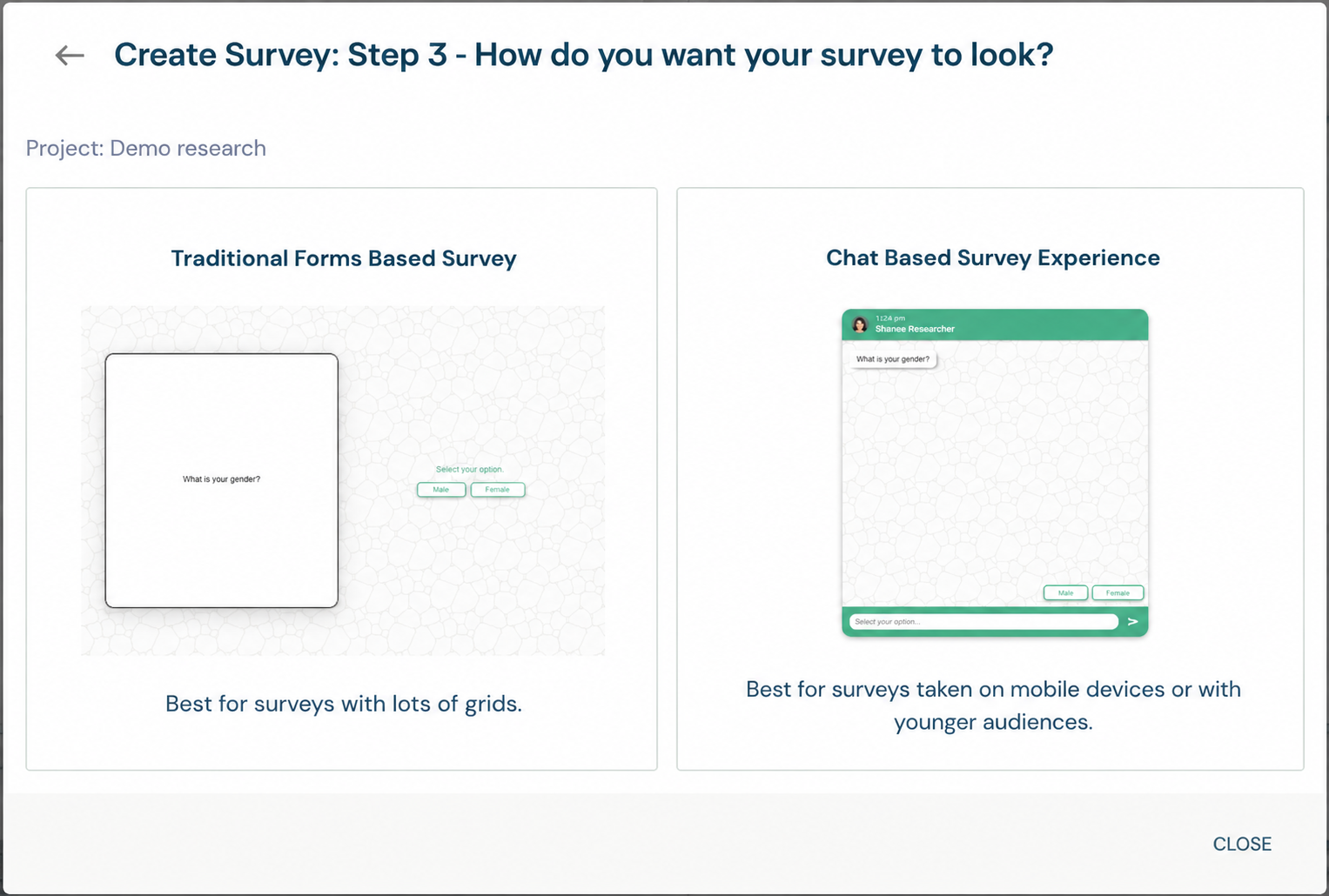 Create Survey respondent-experience step with Traditional Forms Based Survey and Chat Based Survey Experience choices