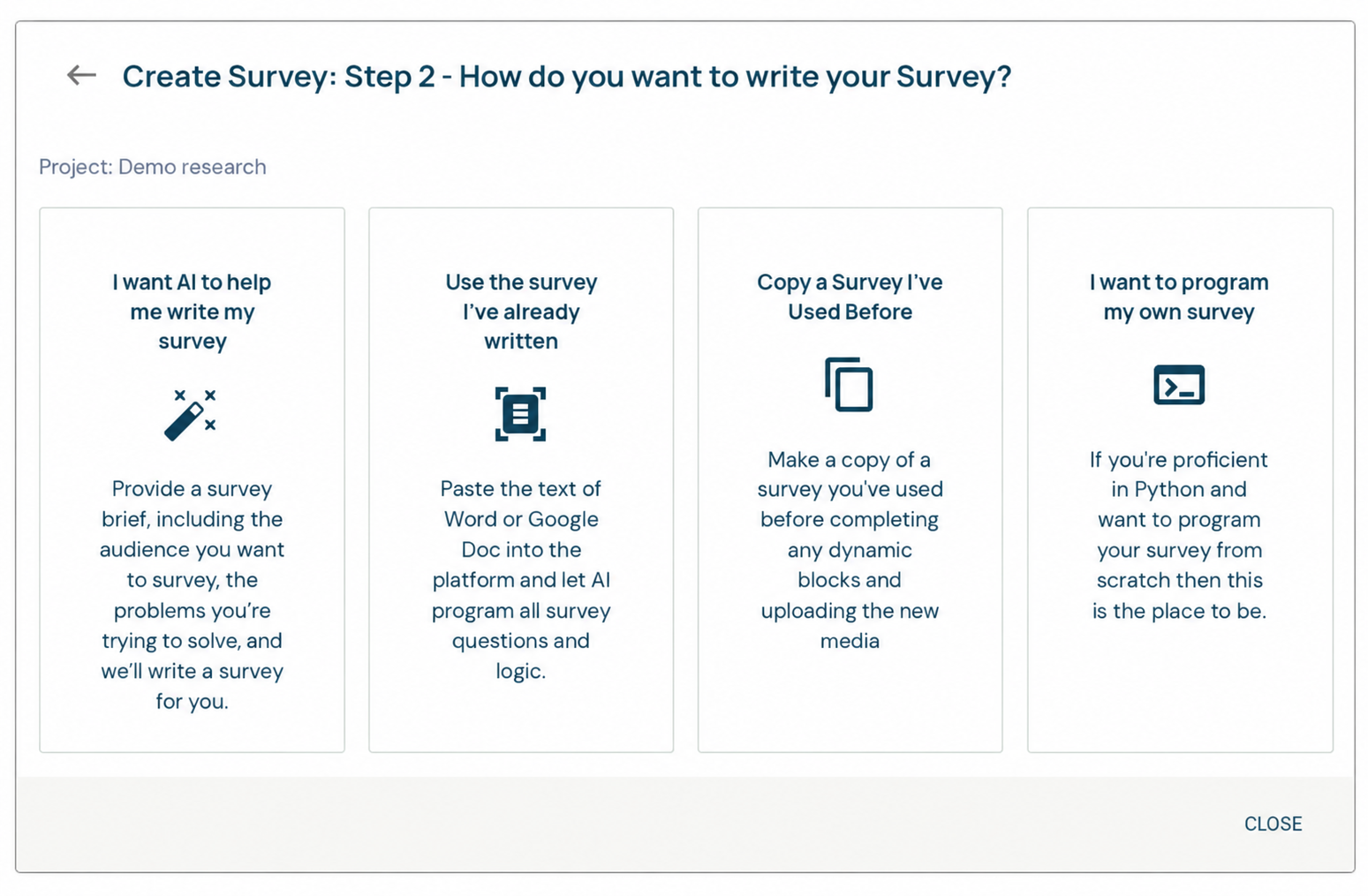 Create Survey writing step with AI brief, existing questionnaire, copy, and Python programming routes