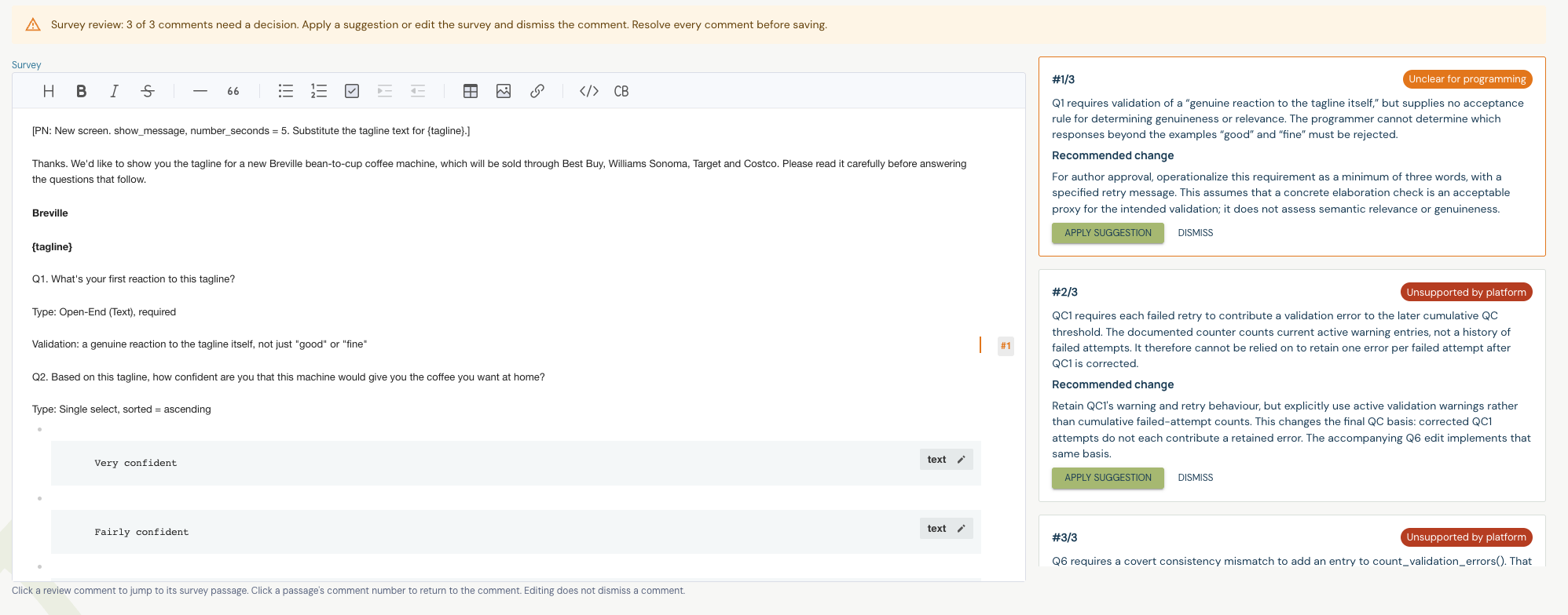 Questionnaire review showing source passages linked to numbered findings, recommended changes, and Apply suggestion and Dismiss actions