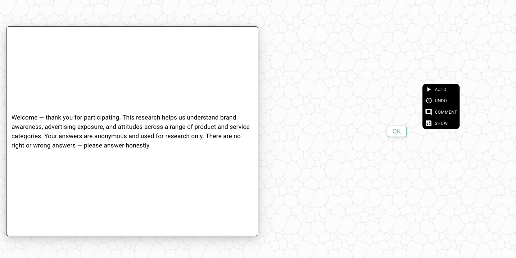 Survey test preview with the movable Auto, Undo, Comment and Show toolbox
