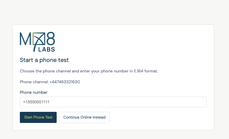 Enter a phone number to start a phone test