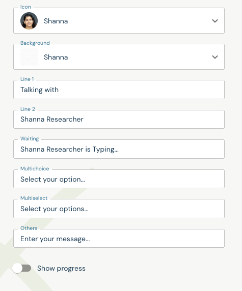 Theme controls with the Show progress toggle beneath the question hints, shown switched off