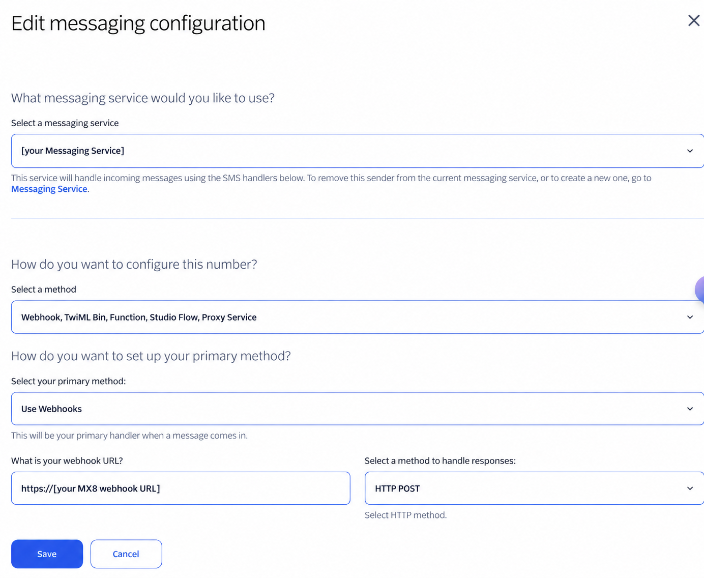 Twilio messaging configuration dialog using Webhooks and HTTP POST