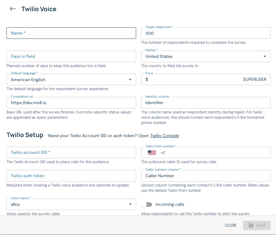 Twilio Voice source configuration showing Twilio credentials, the default from number, and the per-contact caller number column