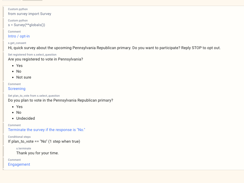Visual editor showing a survey outline with questions, comments, and conditional logic