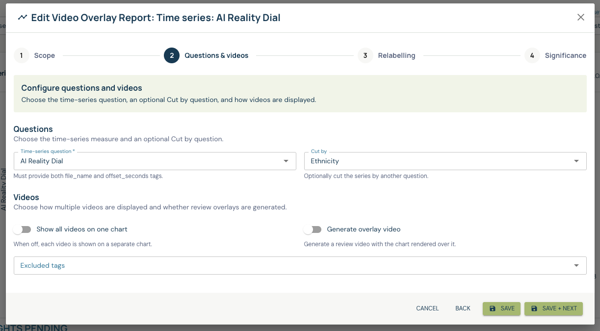 Video Overlay Questions & videos with a primary dial question, optional Cut by, chart and generation controls
