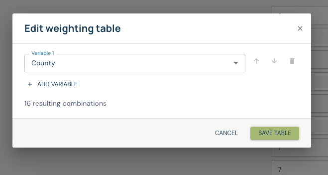 Edit weighting table dialog with County selected as its single variable