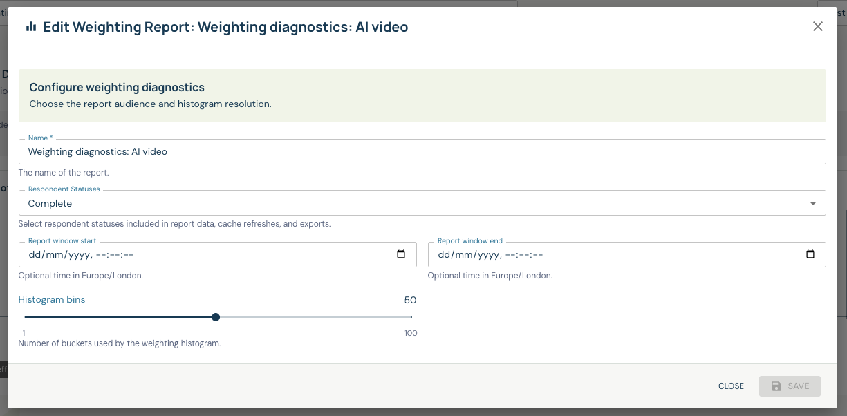 Weighting report editor with audience, date window and 50 histogram bins