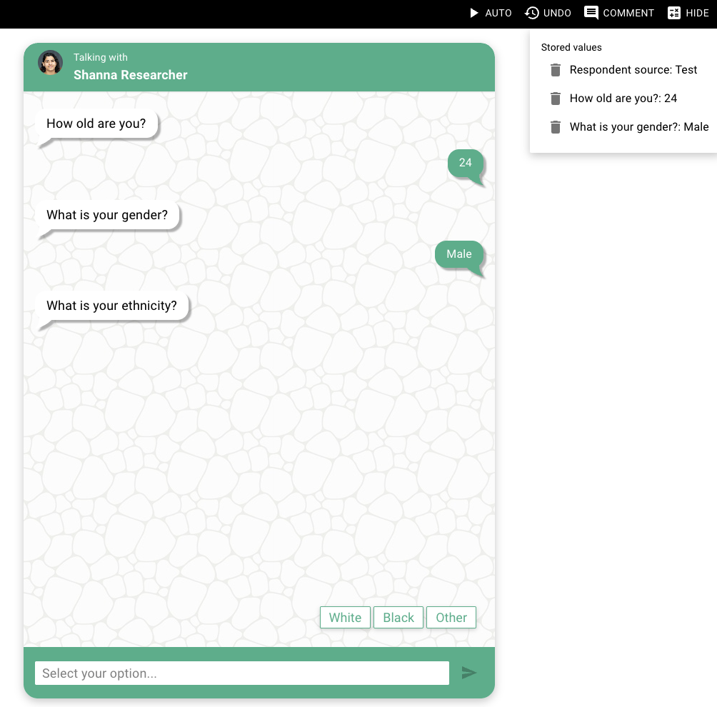 Desktop chat survey preview with the question thread, answer choices, input field and stored test values
