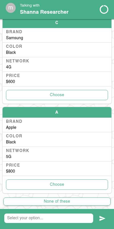 Mobile chat conjoint task with stacked Samsung and Apple concepts beneath the researcher header