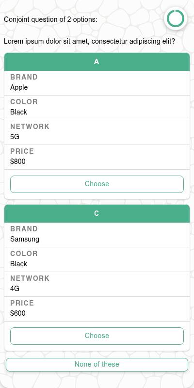 Mobile conjoint task with vertically stacked Apple and Samsung concepts and a None of these choice