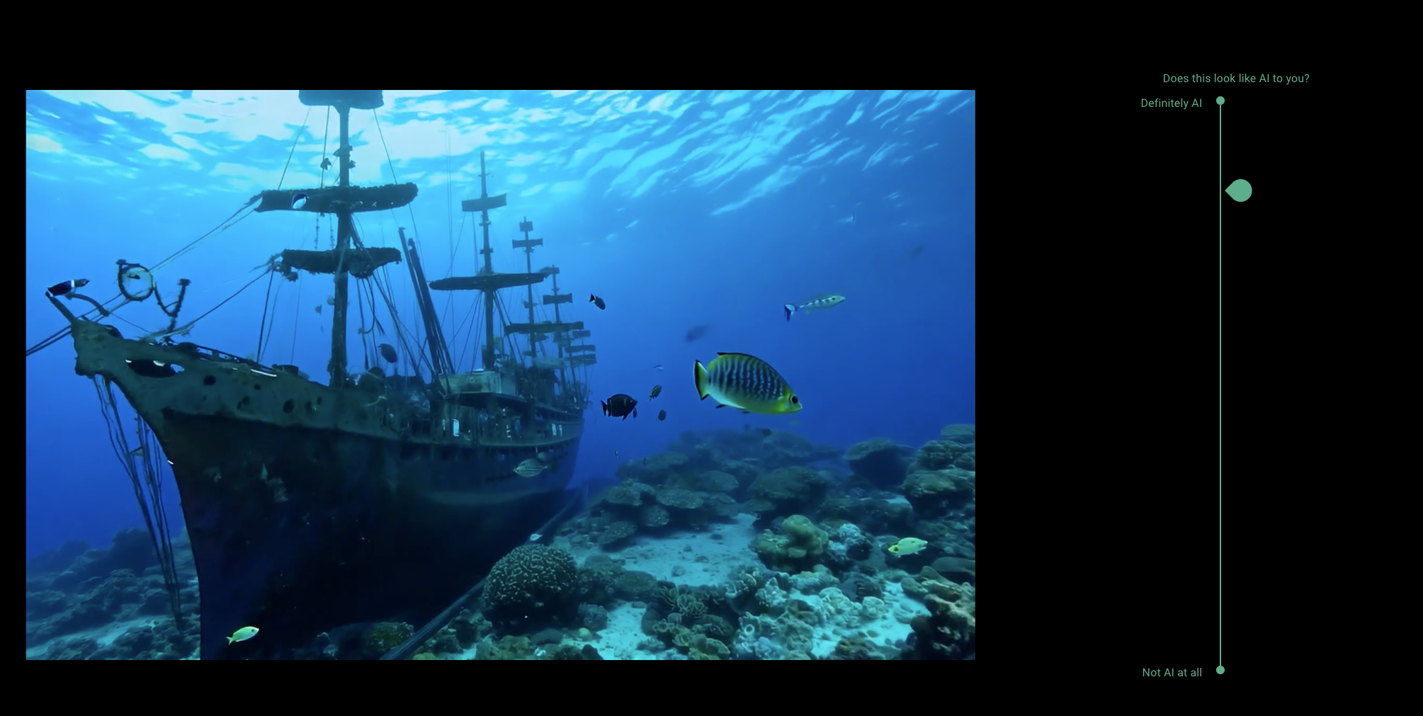 Video dial testing with an underwater scene and a slider measuring how AI-generated it appears