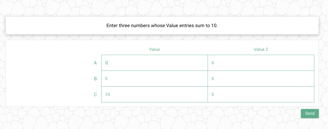 Traditional desktop survey with a two-column numeric grid, three rows and a Send button