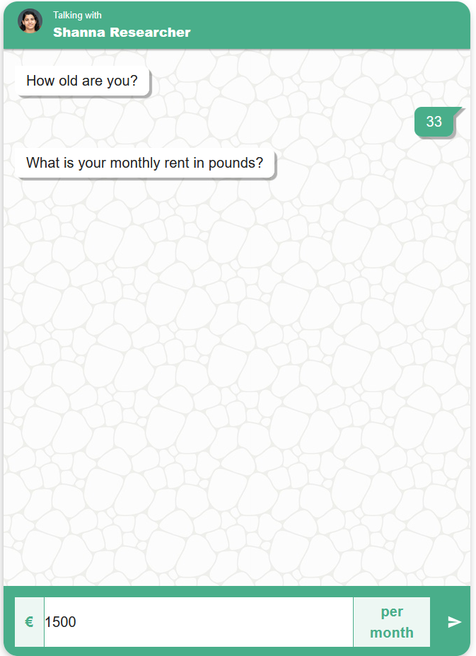 Chat-style numeric input with a euro prefix, the value 1500 and a per-month suffix