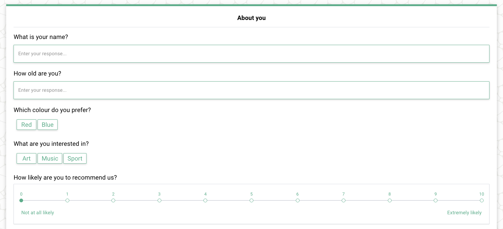 Ordinary question group with text, numeric, choice and NPS controls under the About you heading