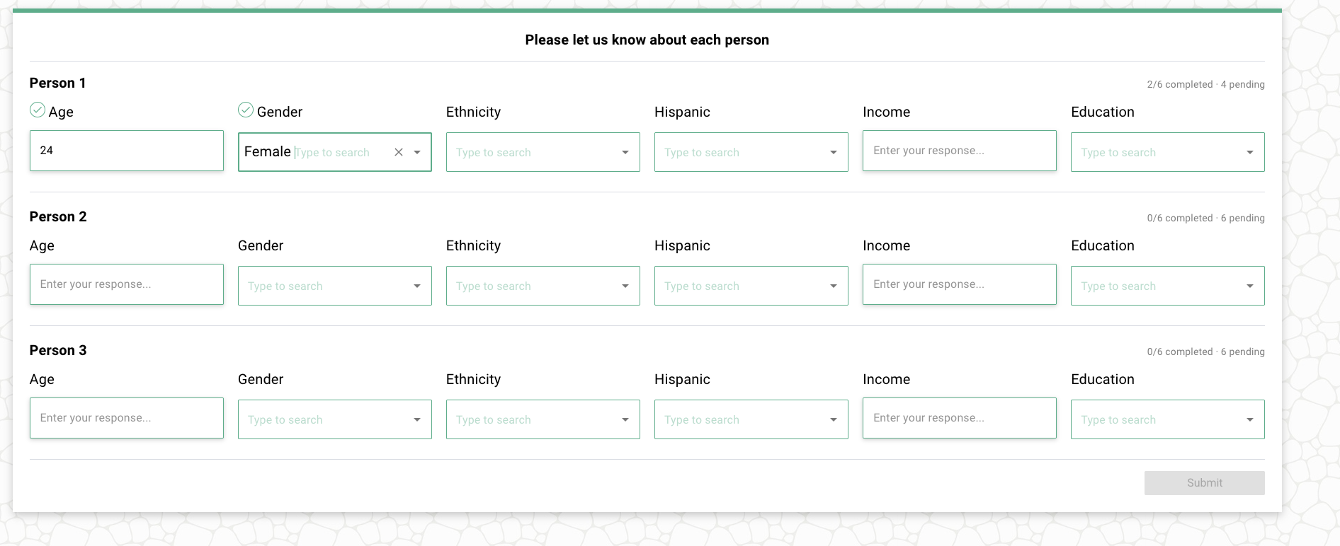 Repeated landscape question group with three person rows and age, gender, ethnicity, Hispanic, income and education controls