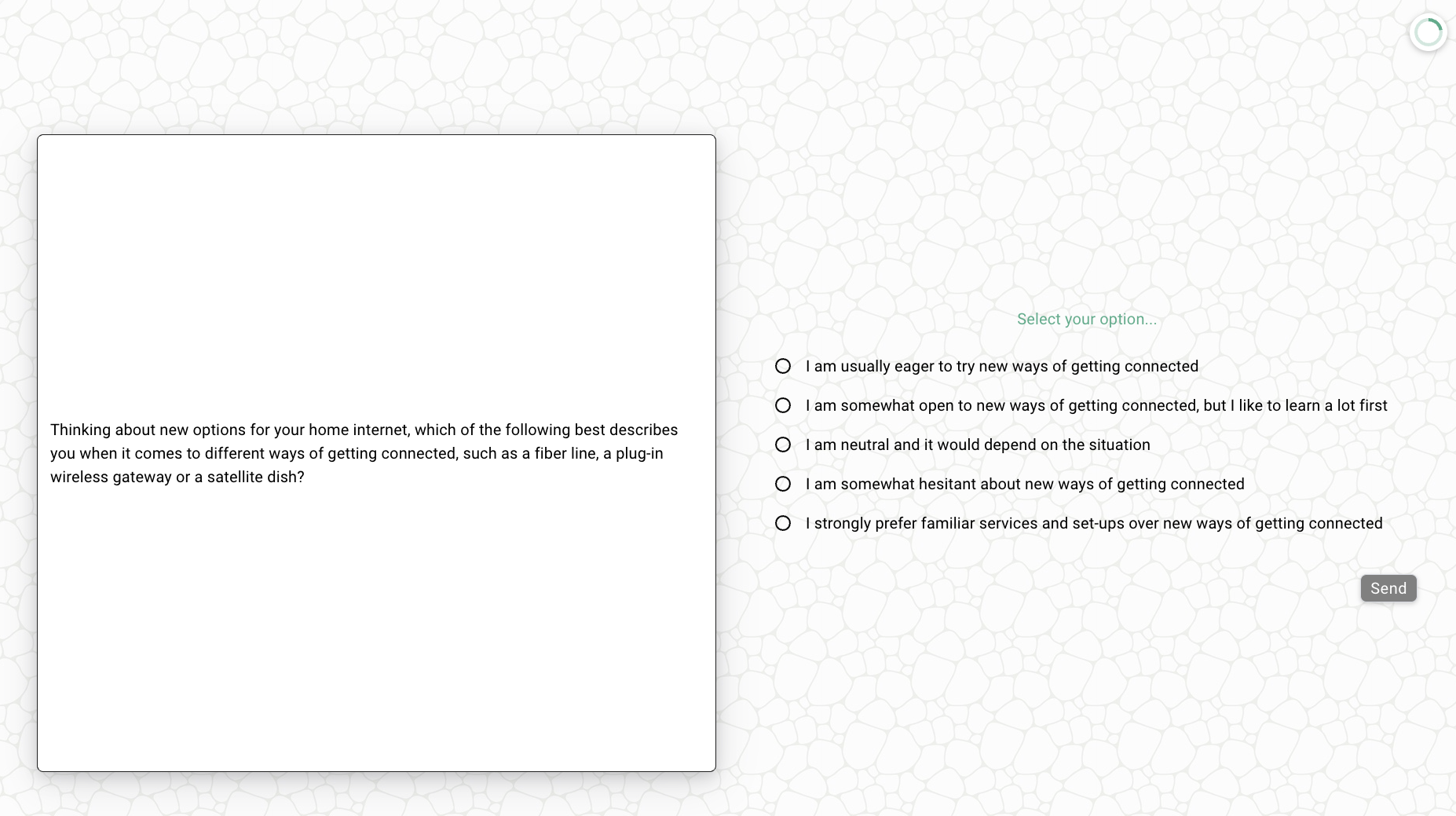 Respondent survey view with a circular progress indicator at the top right