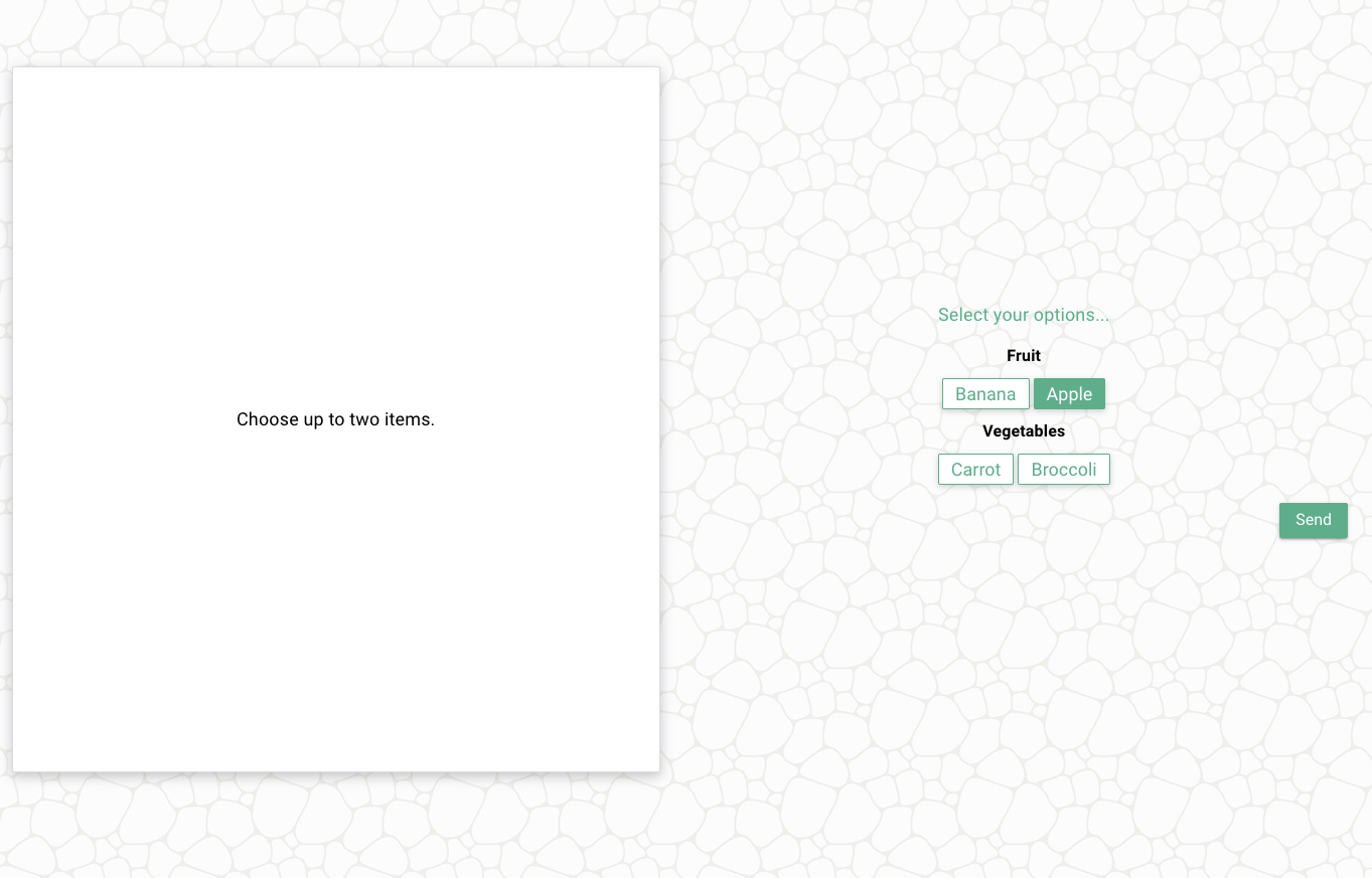 Multi-select question with Fruit and Vegetables headings above selectable options