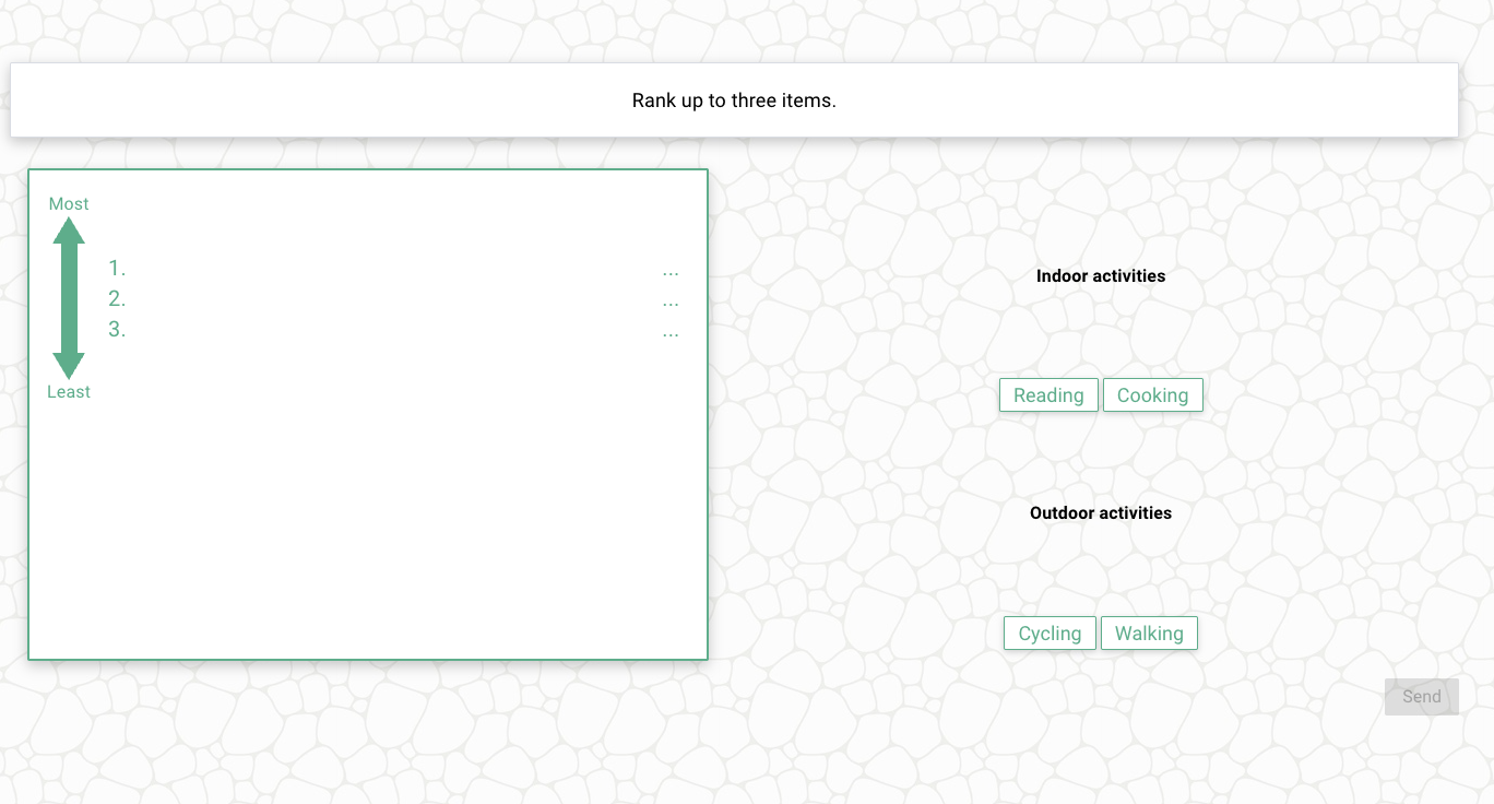 Ranking question with Indoor activities and Outdoor activities headings above the available items